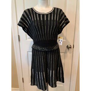 French Connection Black, Gray & White Striped Knit Belted Dress, Size 10 (US)